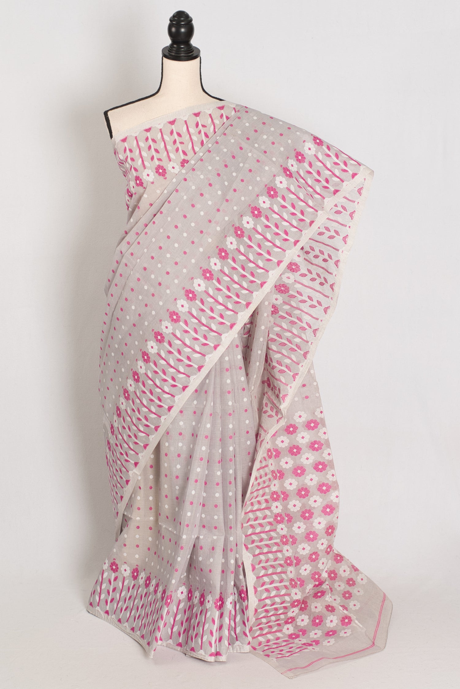 Geeta: Gray, Pink and White Pure Cotton Jamdani Saree with Blouse image 0