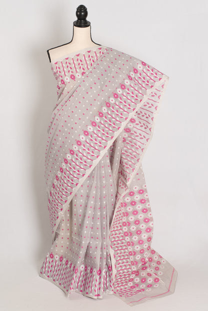 Geeta: Gray, Pink and White Pure Cotton Jamdani Saree with Blouse image 0