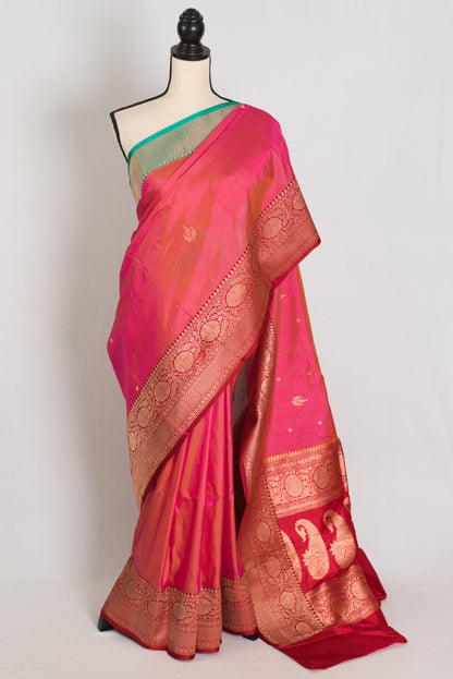 Vibha | Dual-Shade Pink Banarasi Silk Saree with 36 Size Ready-Stitched Blouse image 0