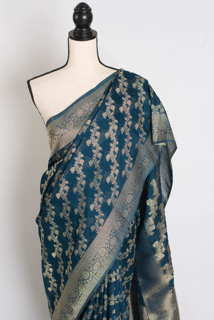 Mina : Semi Georgette Budget Friendly Banarasi Saree in Dark Blue image 5