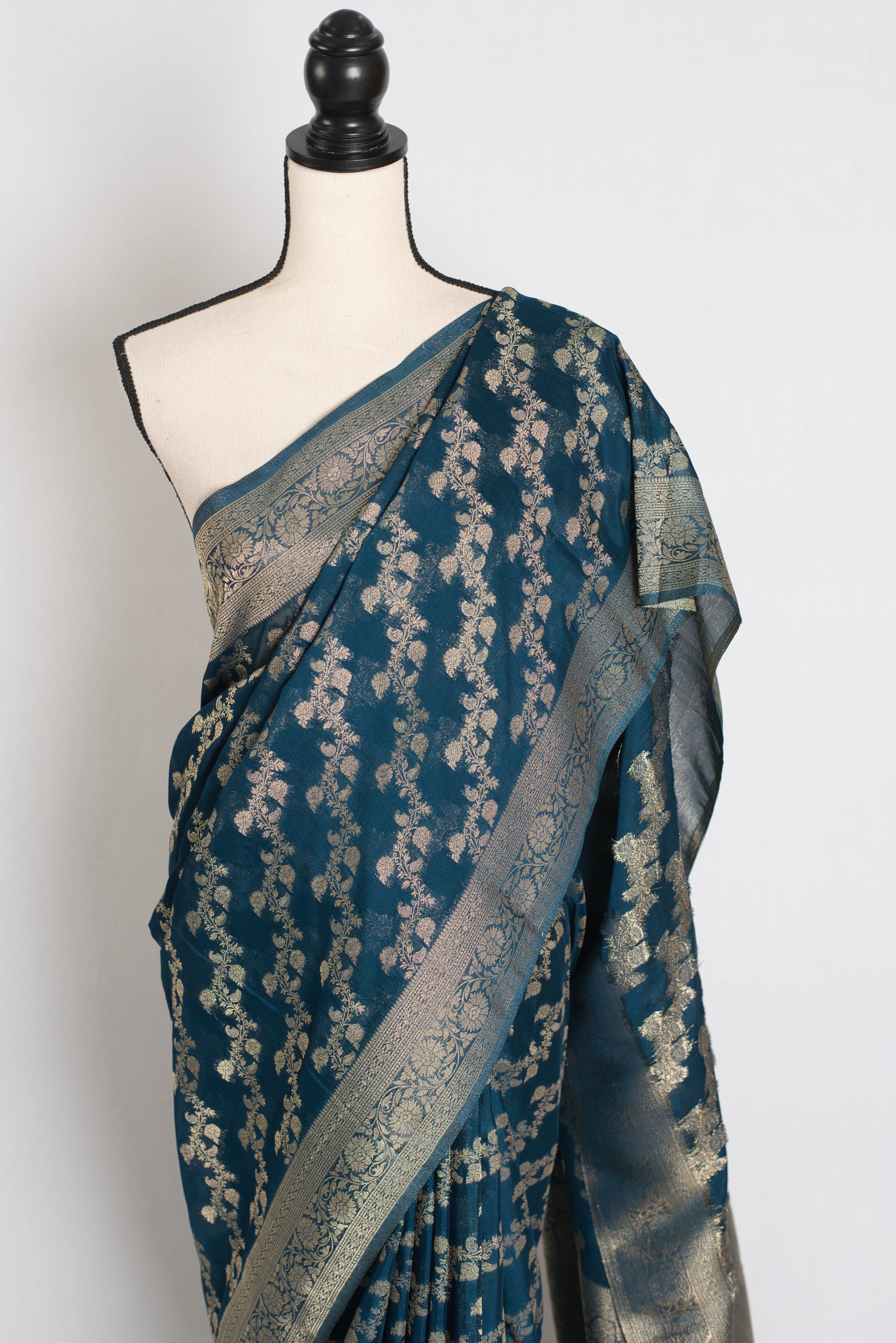 Mina : Semi Georgette Budget Friendly Banarasi Saree in Dark Blue image 5