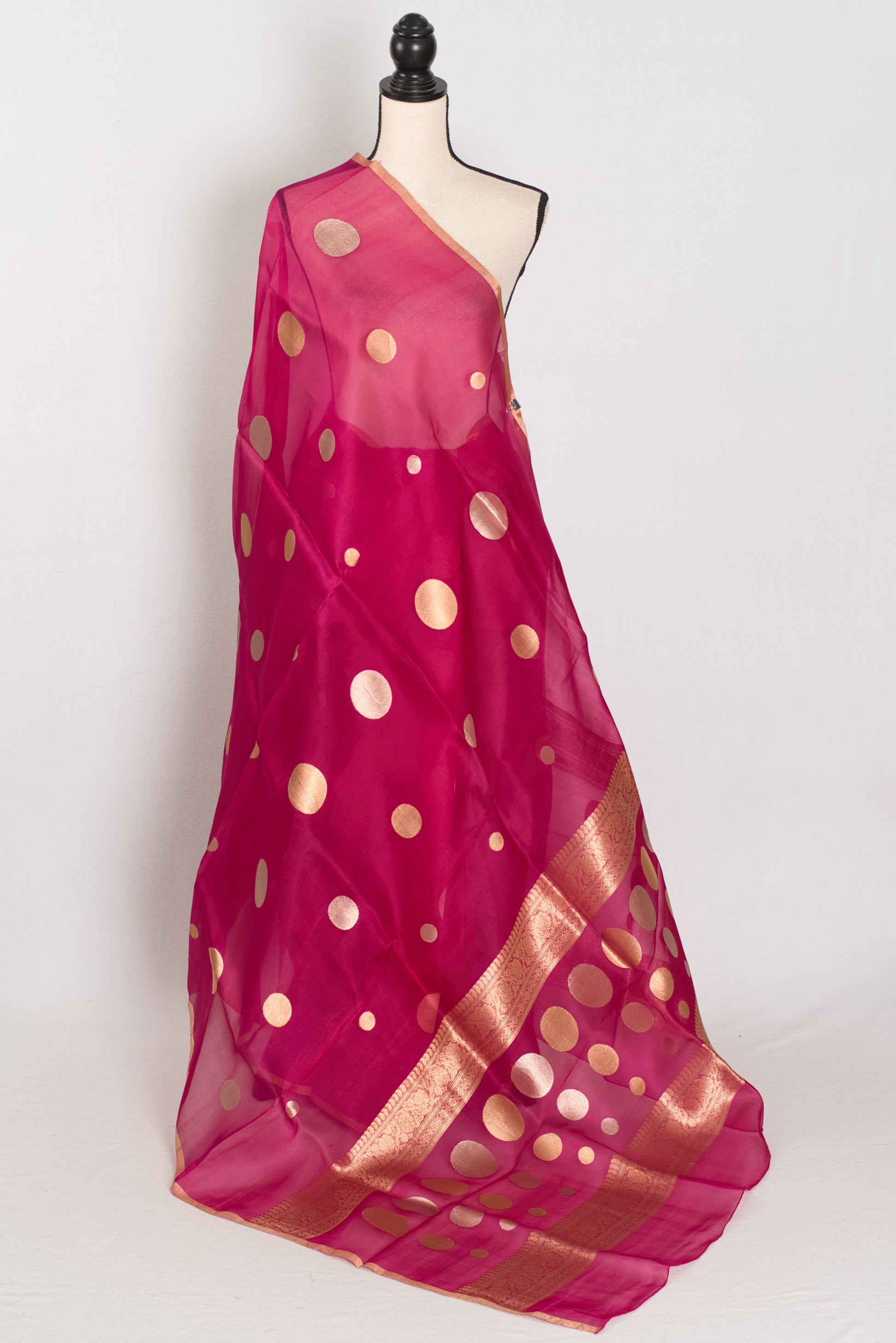 Aaliya | Hot Pink Kora Organza Banarasi Saree | Contemporary Gold Polka Dots image 1