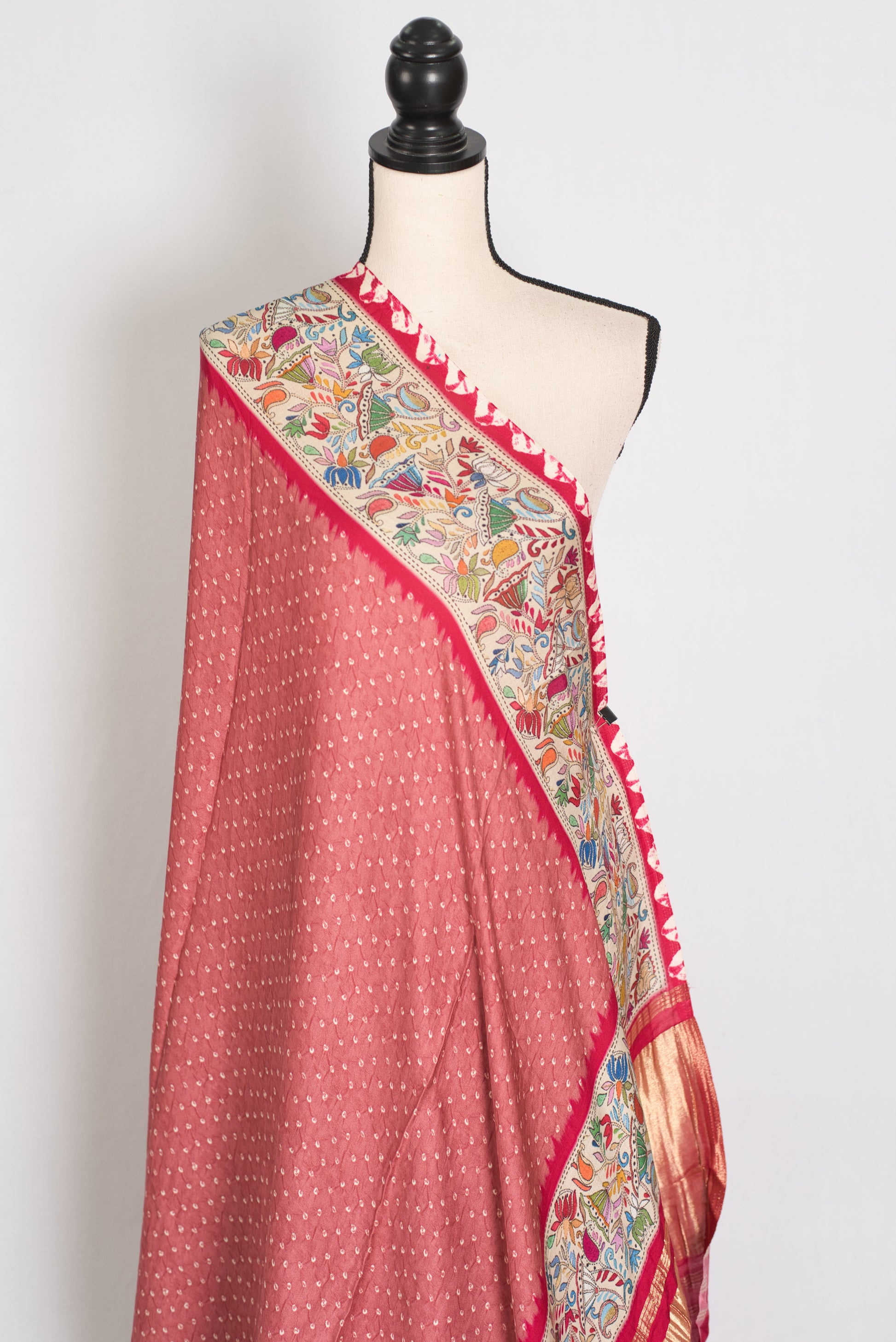 Bithi | Soft Pastel Pink & Beige Modal Silk Saree | Bandhani & Kantha Print image 4