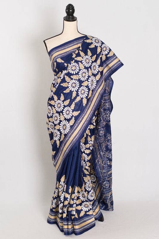 Ira | Deep Blue & White Kantha Stitch Hand-Embroidered Pure Silk Saree image 0