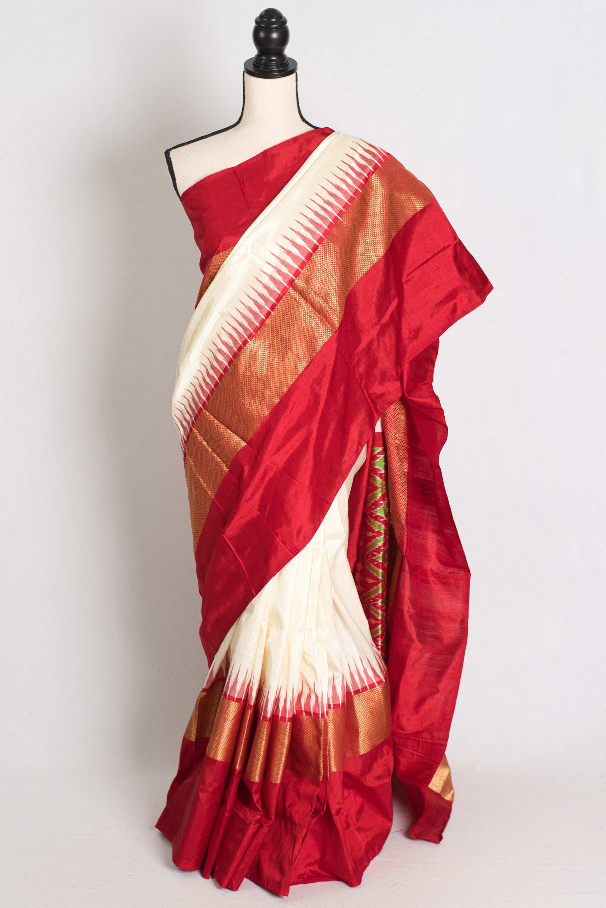 Dyuti : Silk Mark Certified Double Weaving Patola Ikkat Saree in Cream and Red image 0