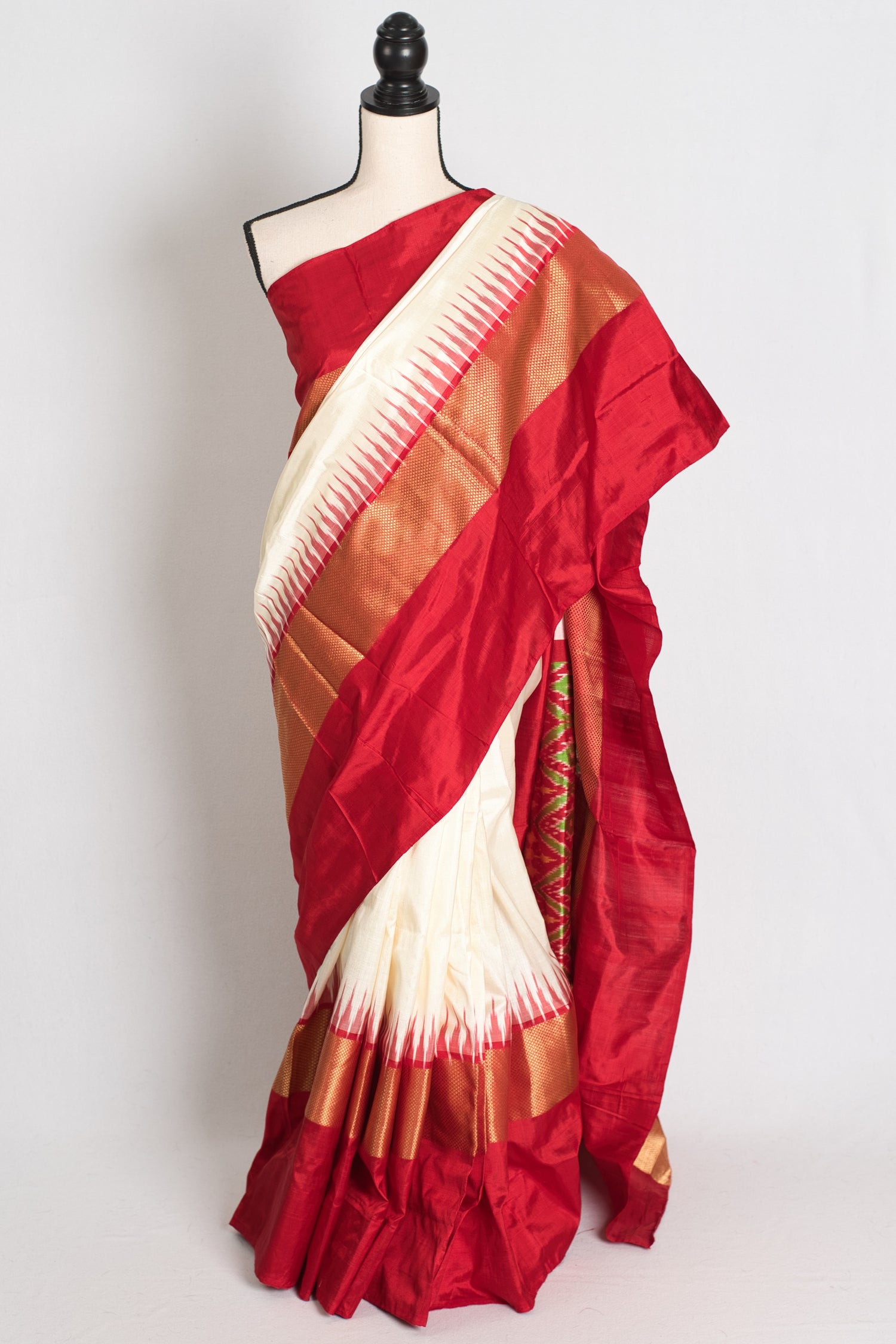 Dyuti : Silk Mark Certified Double Weaving Patola Ikkat Saree in Cream and Red image 0