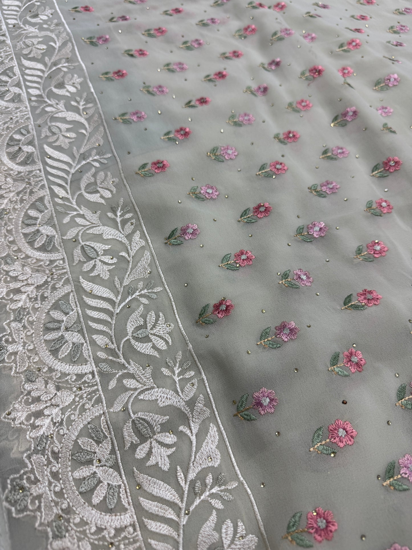 Siya | Light Sage Green Georgette Partywear Saree | Pastel Floral Embroidery image 0