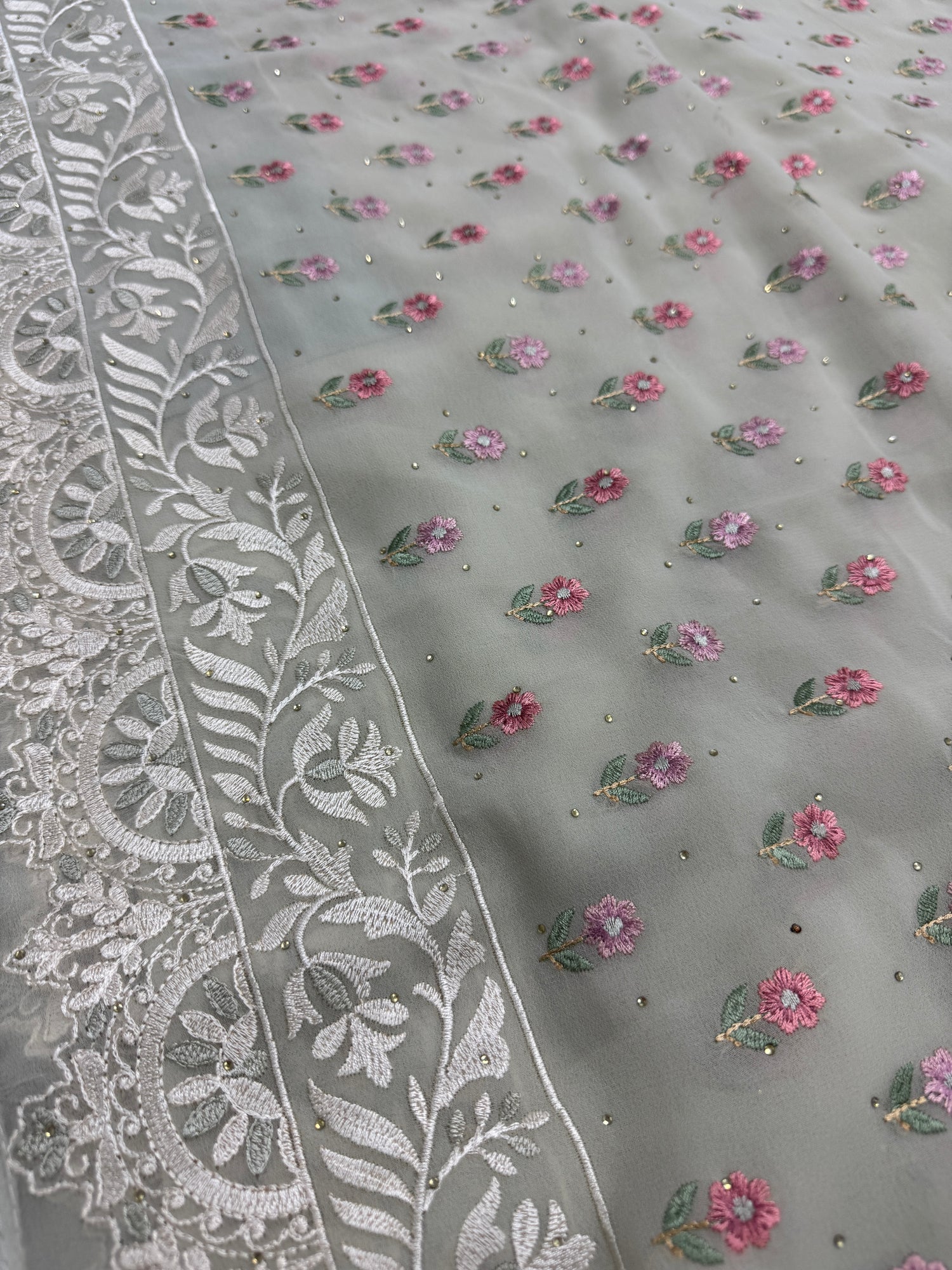 Siya | Light Sage Green Georgette Partywear Saree | Pastel Floral Embroidery image 0
