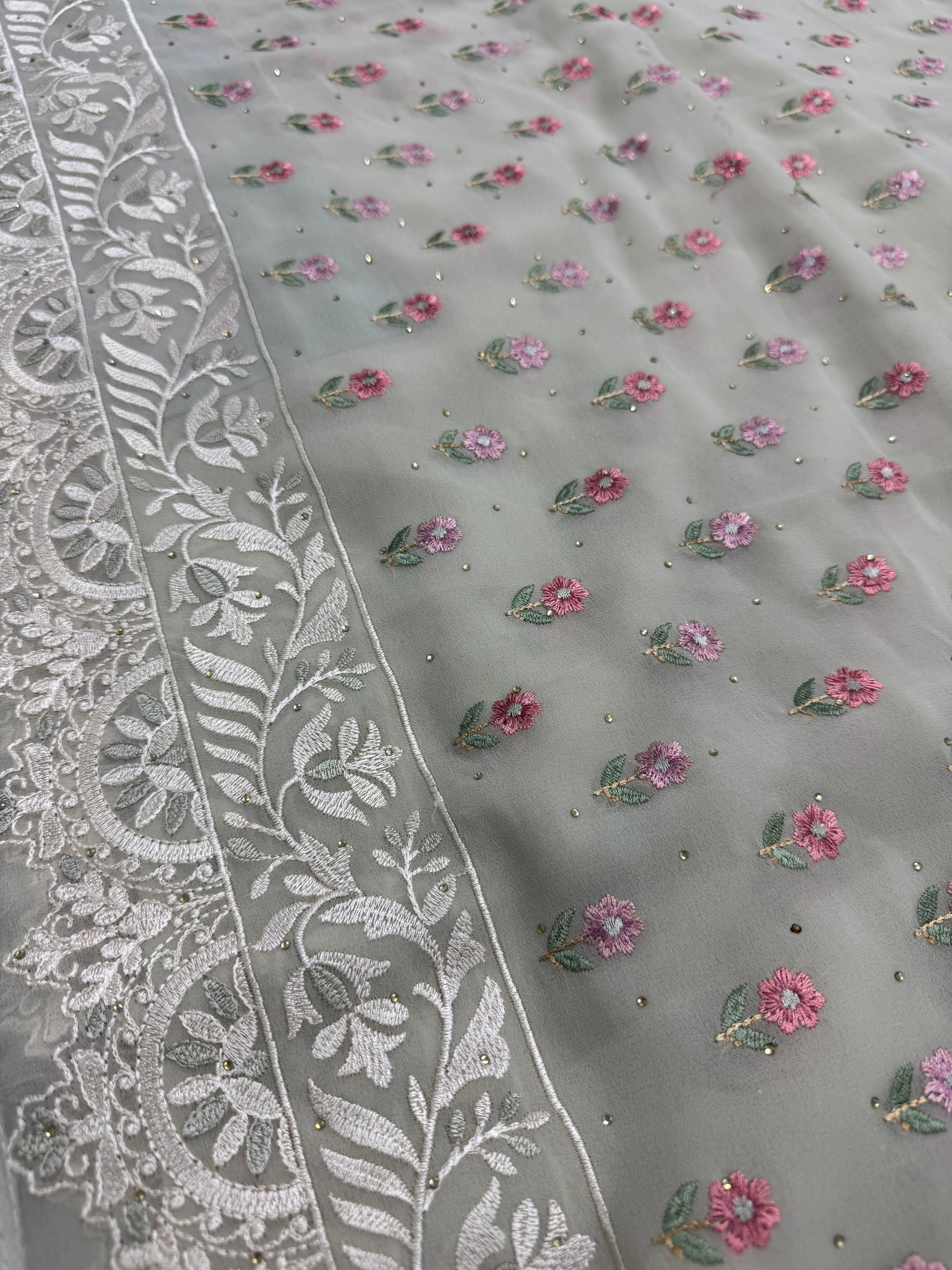 Siya | Light Sage Green Georgette Partywear Saree | Pastel Floral Embroidery image 0