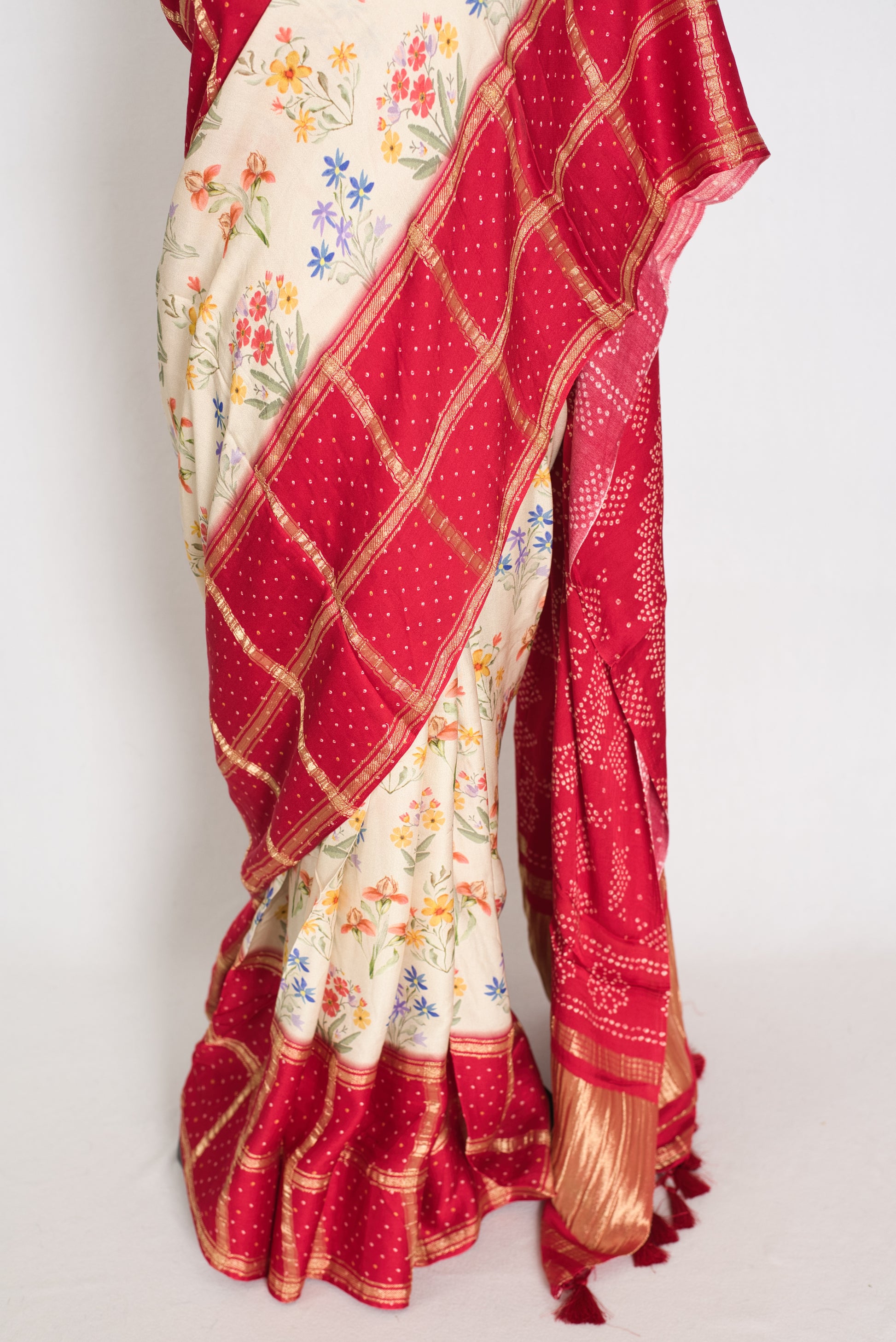 Mehuli | Cream & Rosy Red Modal Silk Saree | Gharchola & Bandhani Print image 7