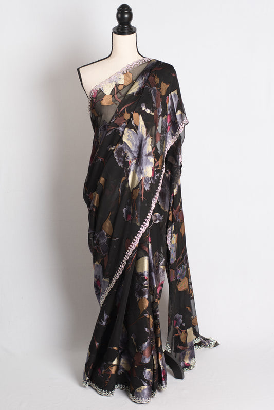 Noir Elegance - Black Brasso Designer Saree with Floral Motifs image 0