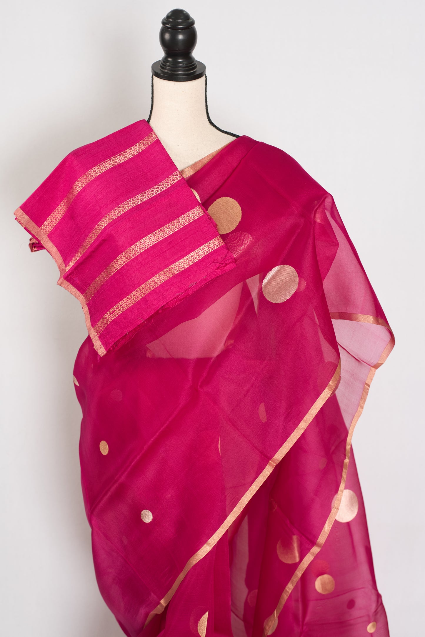Aaliya | Hot Pink Kora Organza Banarasi Saree | Contemporary Gold Polka Dots image 2