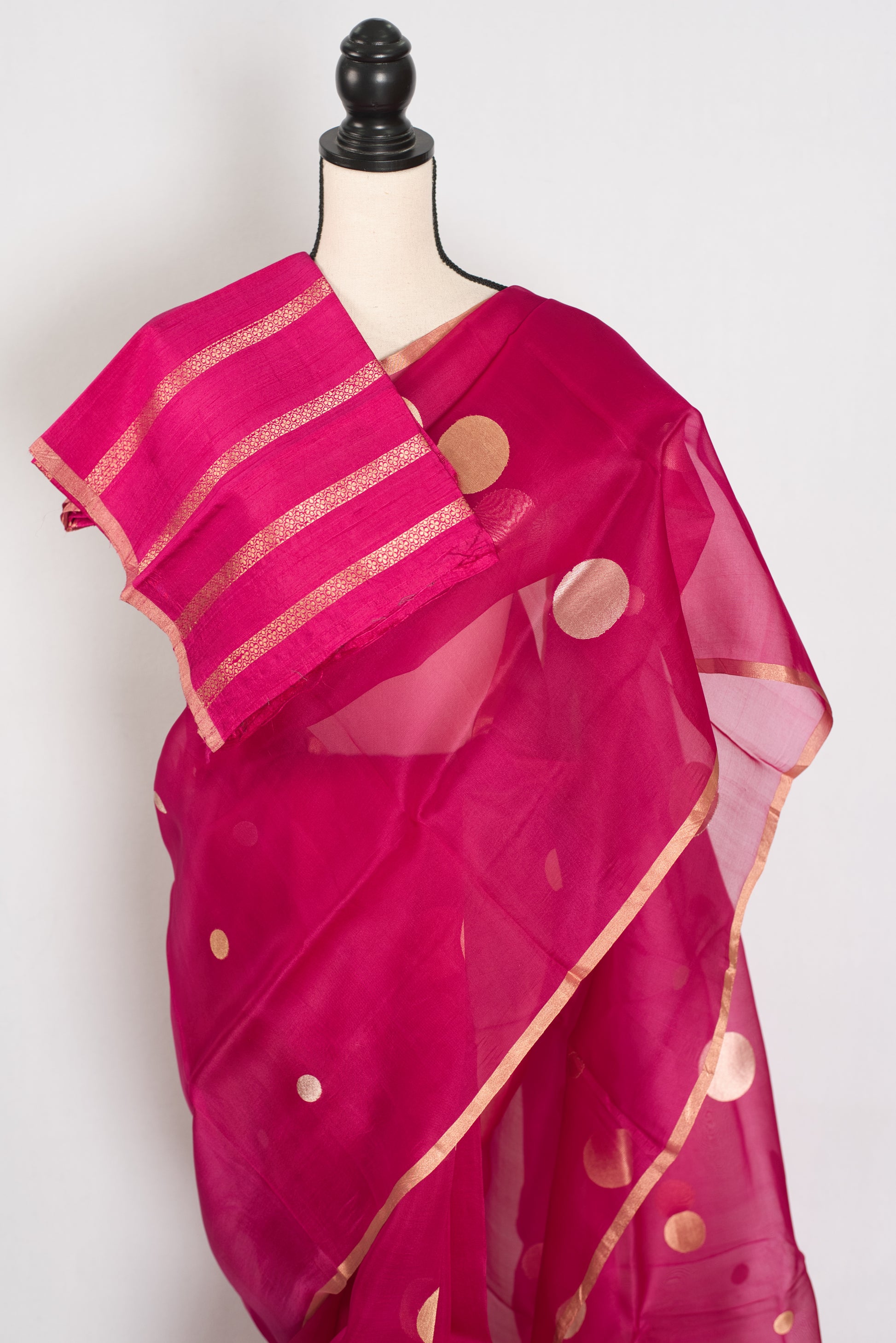Aaliya | Hot Pink Kora Organza Banarasi Saree | Contemporary Gold Polka Dots image 2