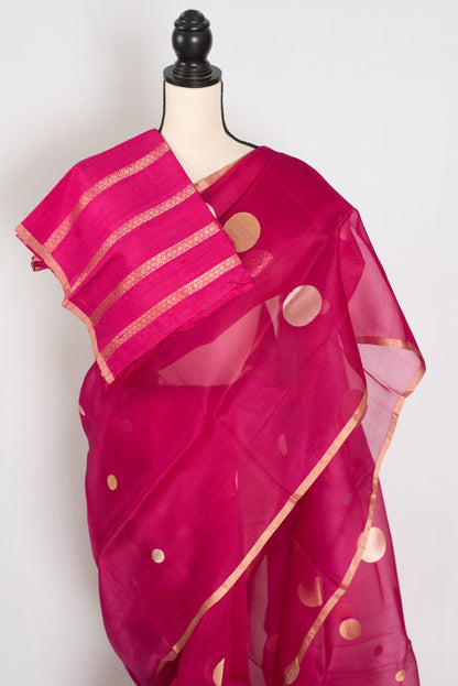 Aaliya | Hot Pink Kora Organza Banarasi Saree | Contemporary Gold Polka Dots image 2