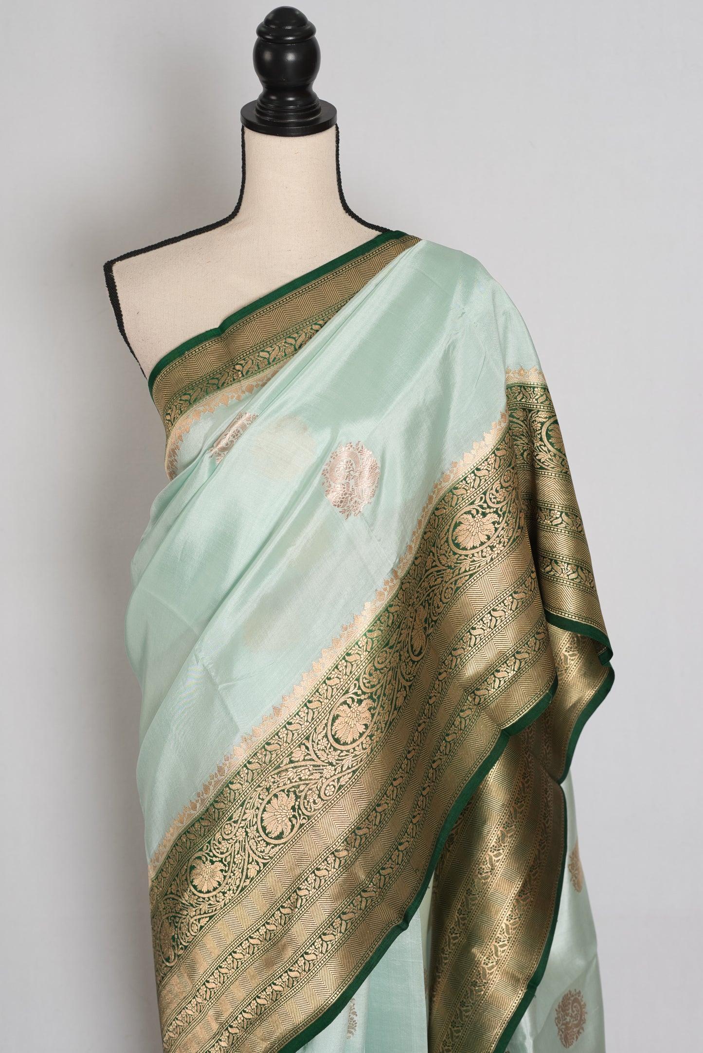 Anisha : Mint Green and Bottle Green Satin Pure Silk Banarasi Saree | Silk Mark image 6