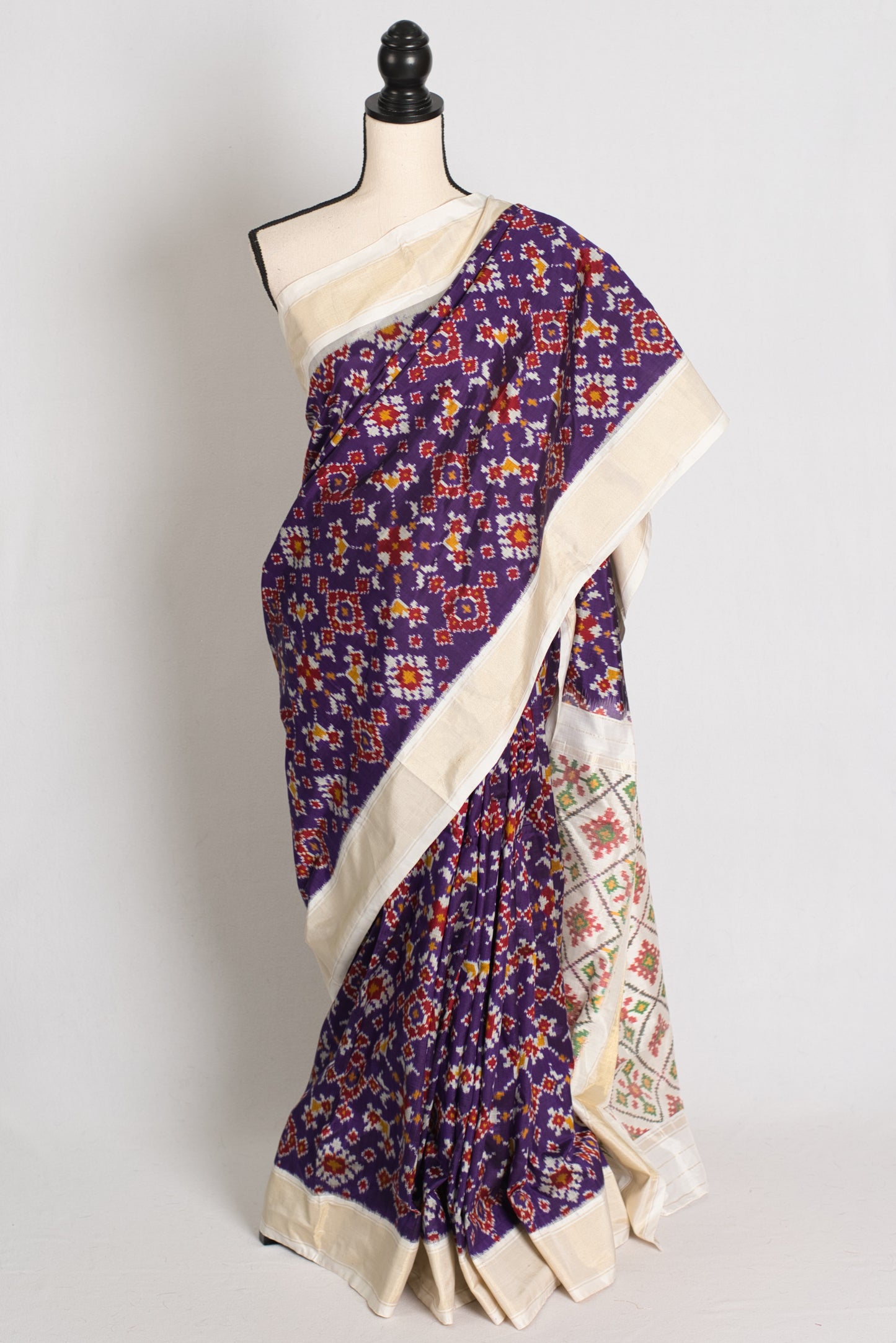 Malathi : Silk Mark Certified Navarathan Patola Saree in Purple and Off White image 0