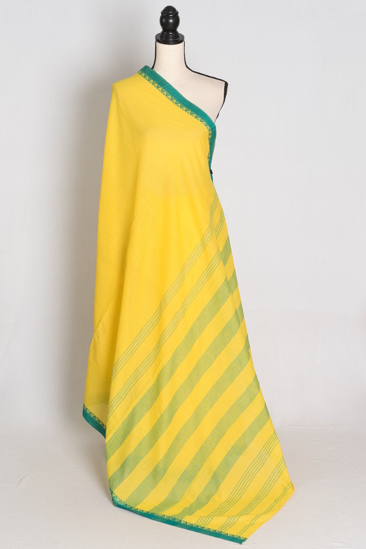 Bright Yellow and Green Dhaniakhali saree — front view