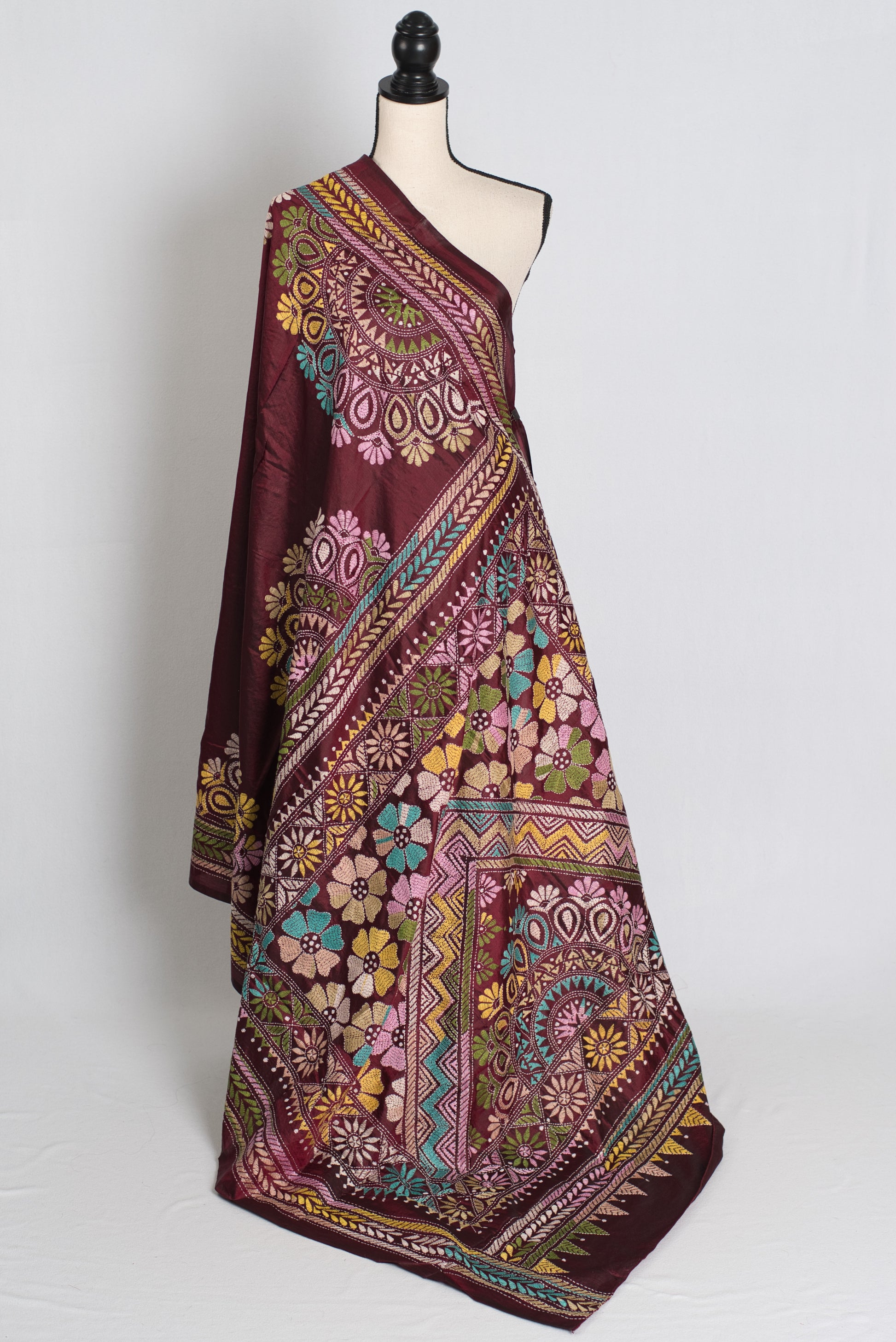 Bandana : Maroon Silk Mark Certified Hand Embroidery Kantha Stitch Saree image 5
