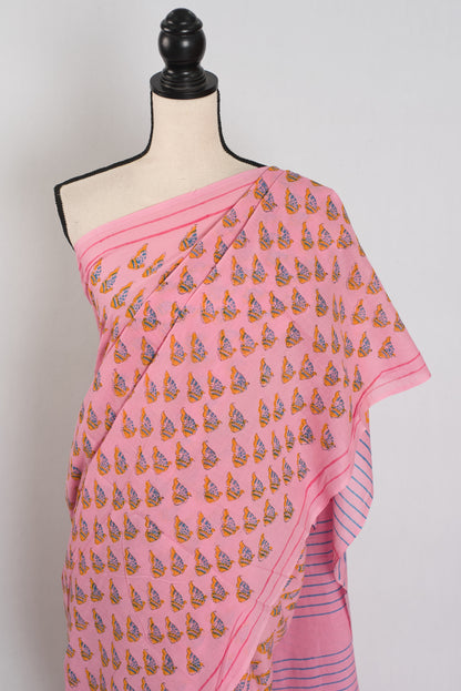 Sia: Pink Contemporary Fish Motif Mulmul Cotton Saree | Artistic Daily Wear image 5