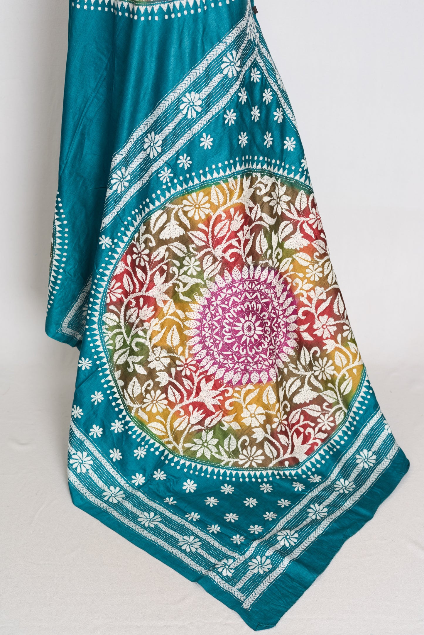 Ritaja : Teal Blue Hand-Dyed Tussar Silk Hand-Embroidered Kantha Stitch Saree image 3