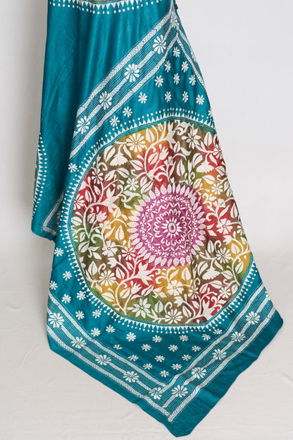 Ritaja : Teal Blue Hand-Dyed Tussar Silk Hand-Embroidered Kantha Stitch Saree image 3