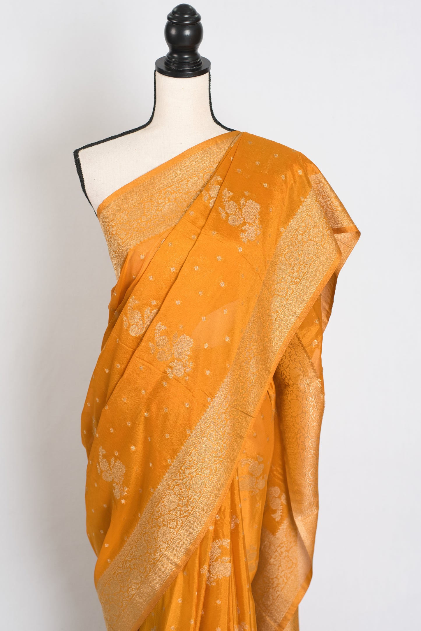 Sonali : Turmeric Yellow Semi Crepe Banarasi Saree image 5