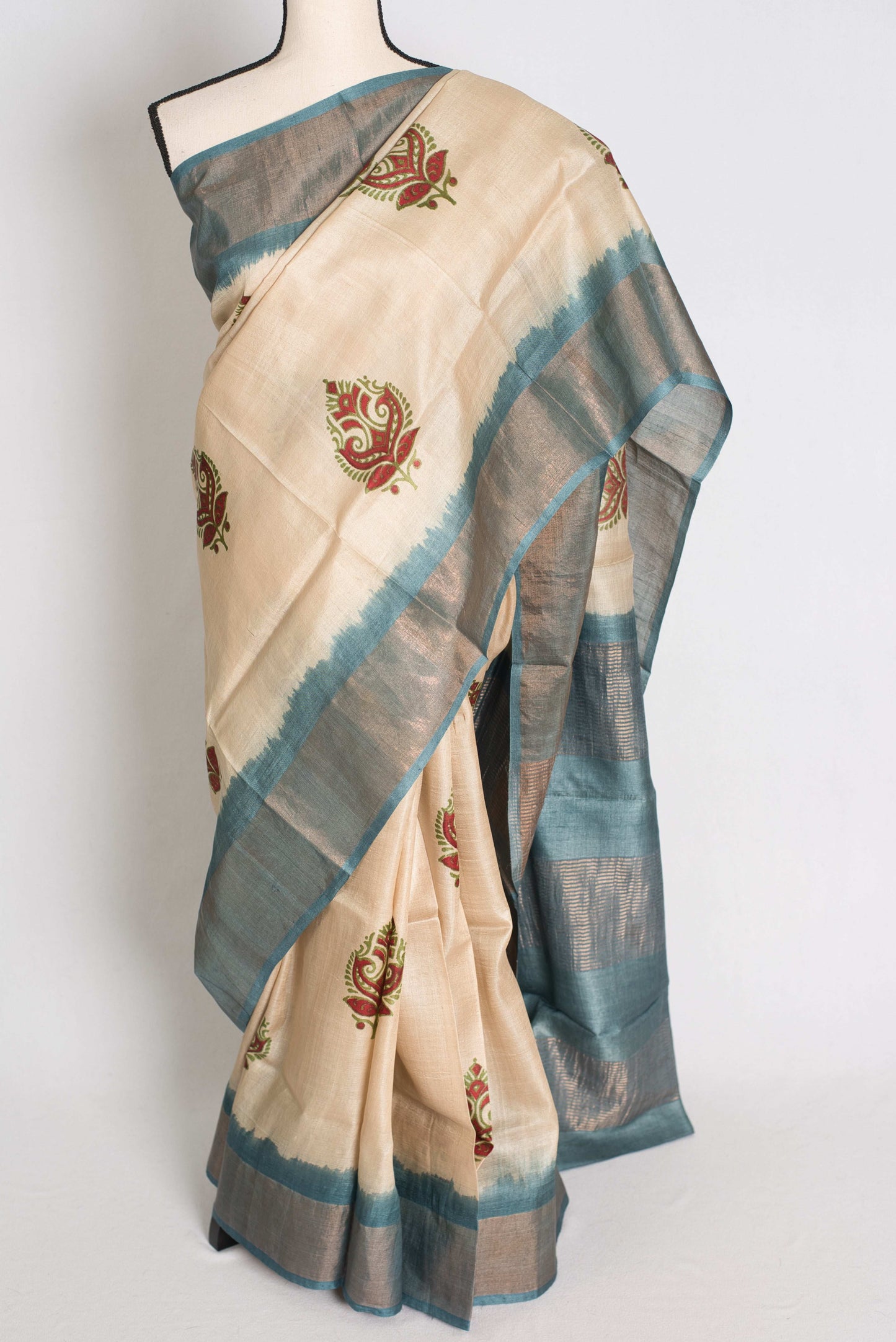 Bristy: Hand Block Printed Tussar Silk Saree in Cream and Grey image 5