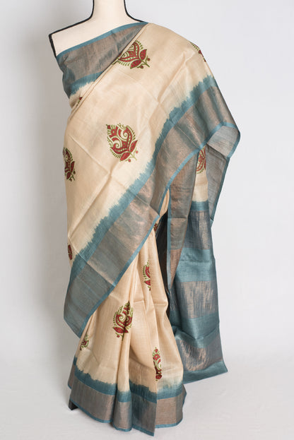Bristy: Hand Block Printed Tussar Silk Saree in Cream and Grey image 5