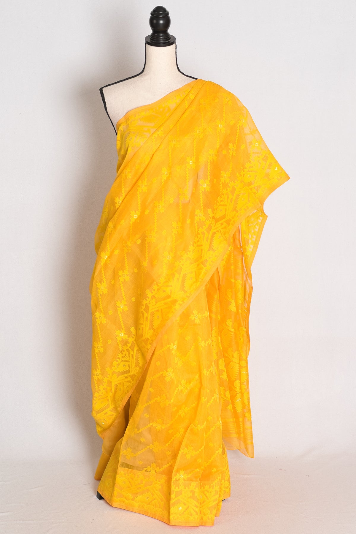 Juhi : Bright Yellow Soft Blended Cotton Jamdani Saree image 0