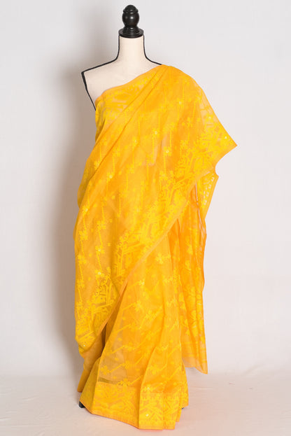 Juhi : Bright Yellow Soft Blended Cotton Jamdani Saree image 0