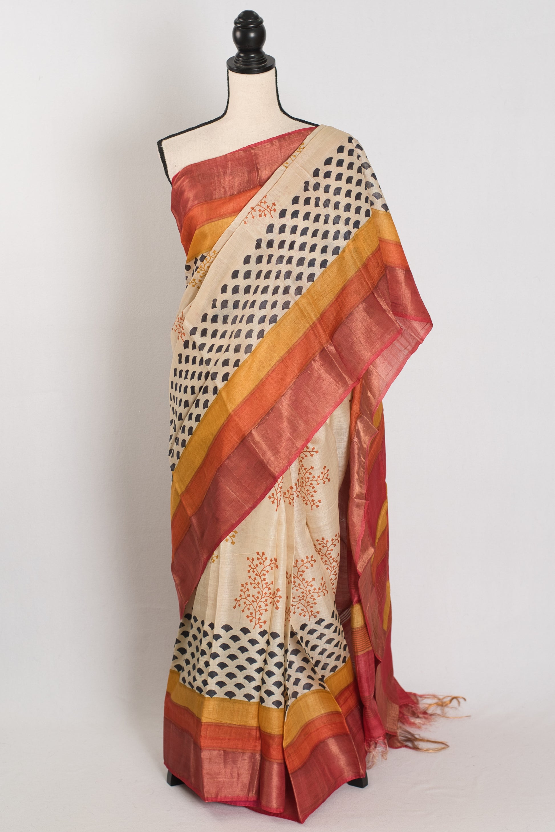 Madhavi: Beige & Rust Hand Block Printed Bengal Tussar Silk Saree image 0