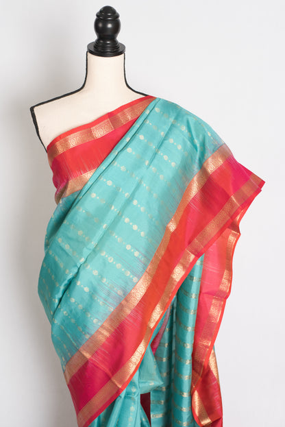 Asha : Blue and Orange Silk Mark Certified Kanchipuram Silk Saree image 5