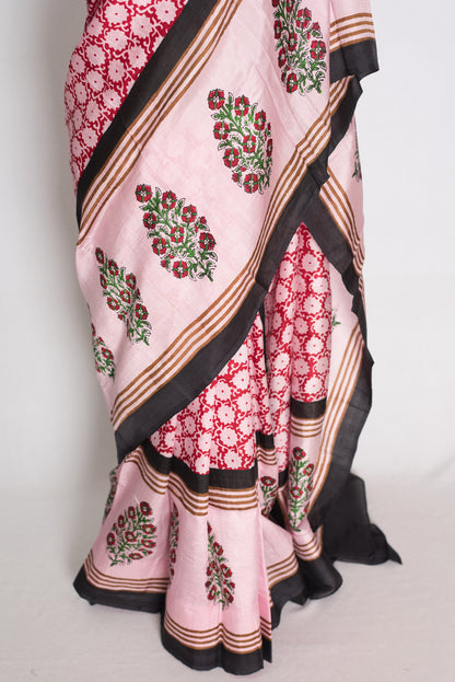 Pritha : Light Pink and Black Hand Block Printed 3-Ply Murshidabad Silk Saree image 6