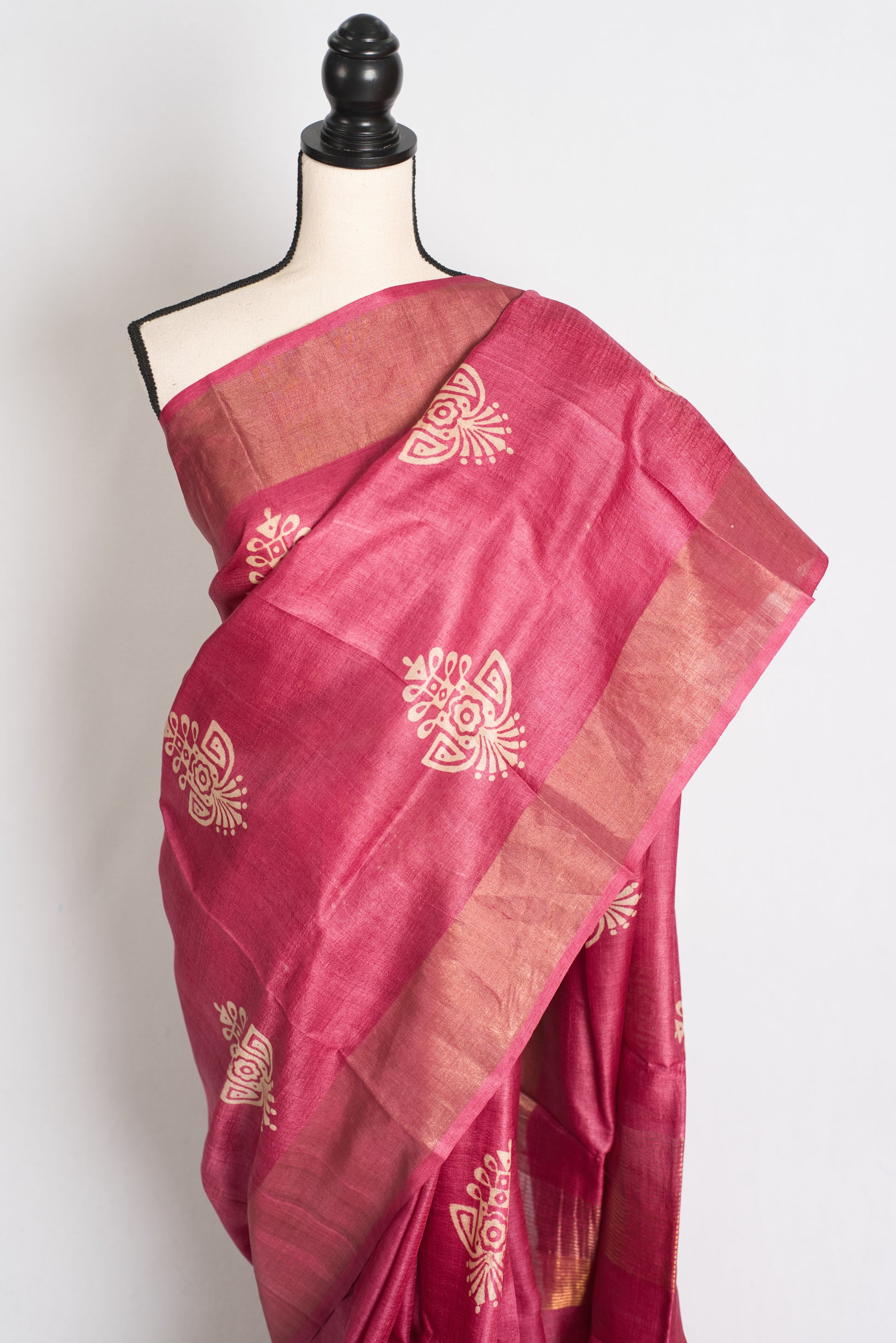 Sudha: Hand Block Printed Pink Tussar Silk Saree with Gold Muted Border image 5