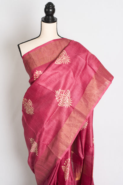 Sudha: Hand Block Printed Pink Tussar Silk Saree with Gold Muted Border image 5
