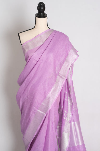 Vibha : Lilac Pure Linen Saree with Silver Zari Border image 6