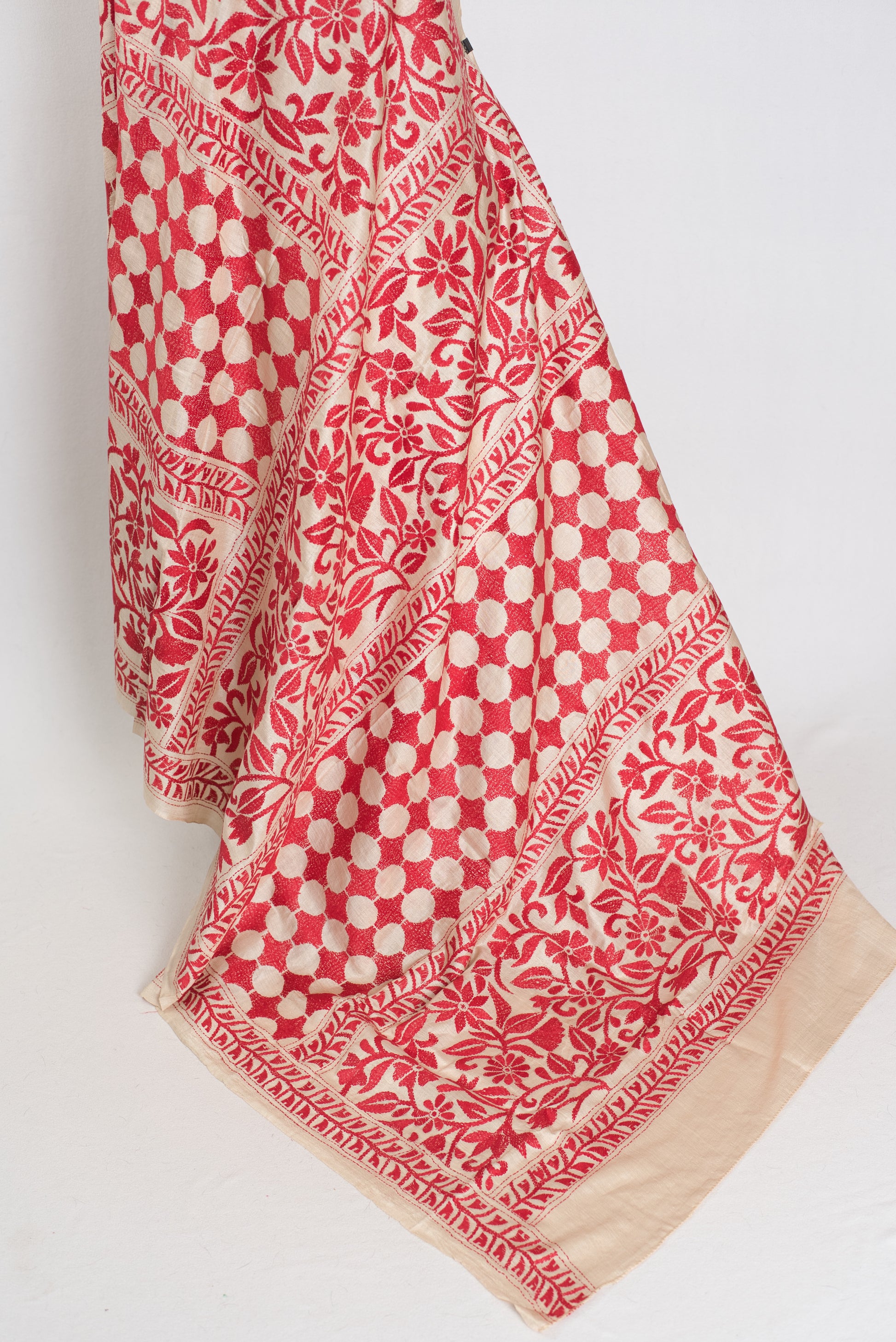 Ahiri | Beige and Red Kantha Stitch Gachi Tussar Silk Saree image 5