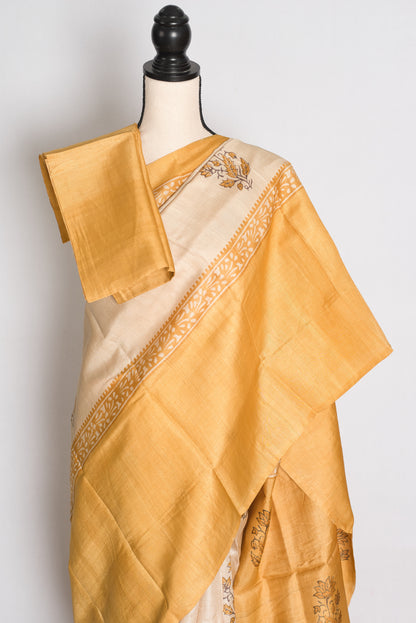 Trisha : Cream and Mustard Yellow Hand Block Printed Pure Tussar Silk Saree image 2