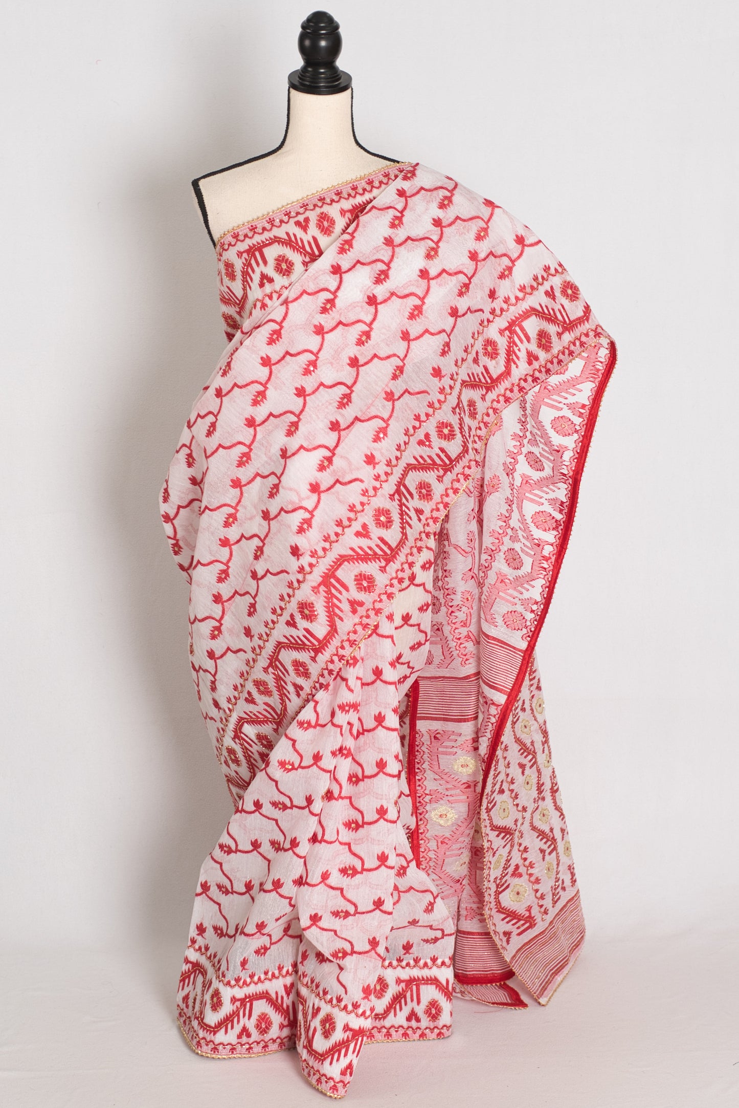 Rai : White and Red Blended Cotton Jamdani Saree, Bengali Durga Puja Look image 0