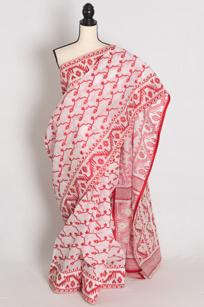 Rai : White and Red Blended Cotton Jamdani Saree, Bengali Durga Puja Look image 0