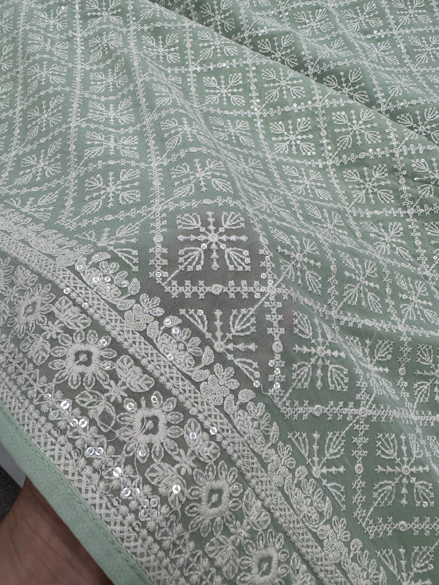 Meher - Pastel Sea Green Chikankari Embroidered Georgette Saree image 5