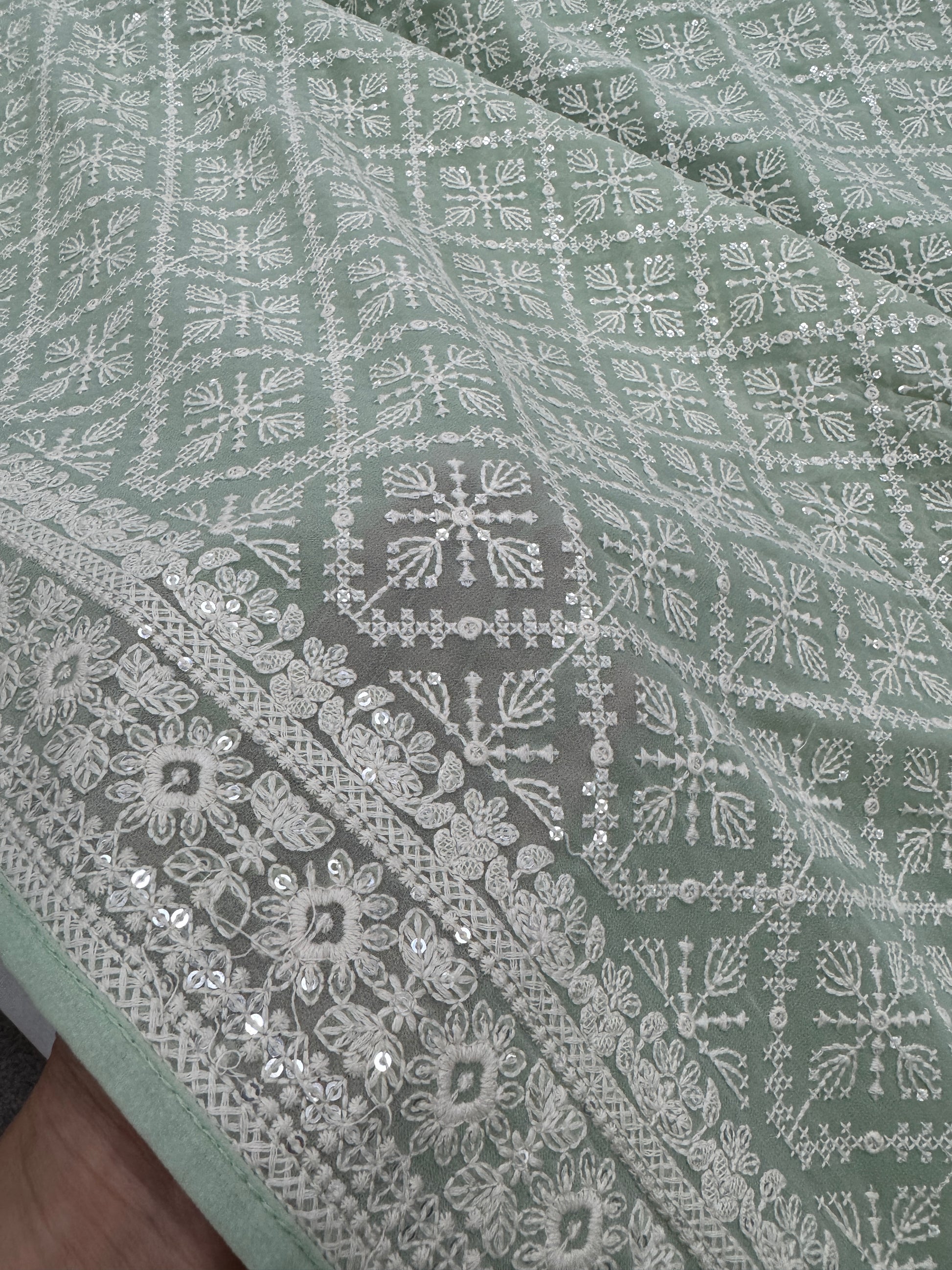 Meher - Pastel Sea Green Chikankari Embroidered Georgette Saree image 5