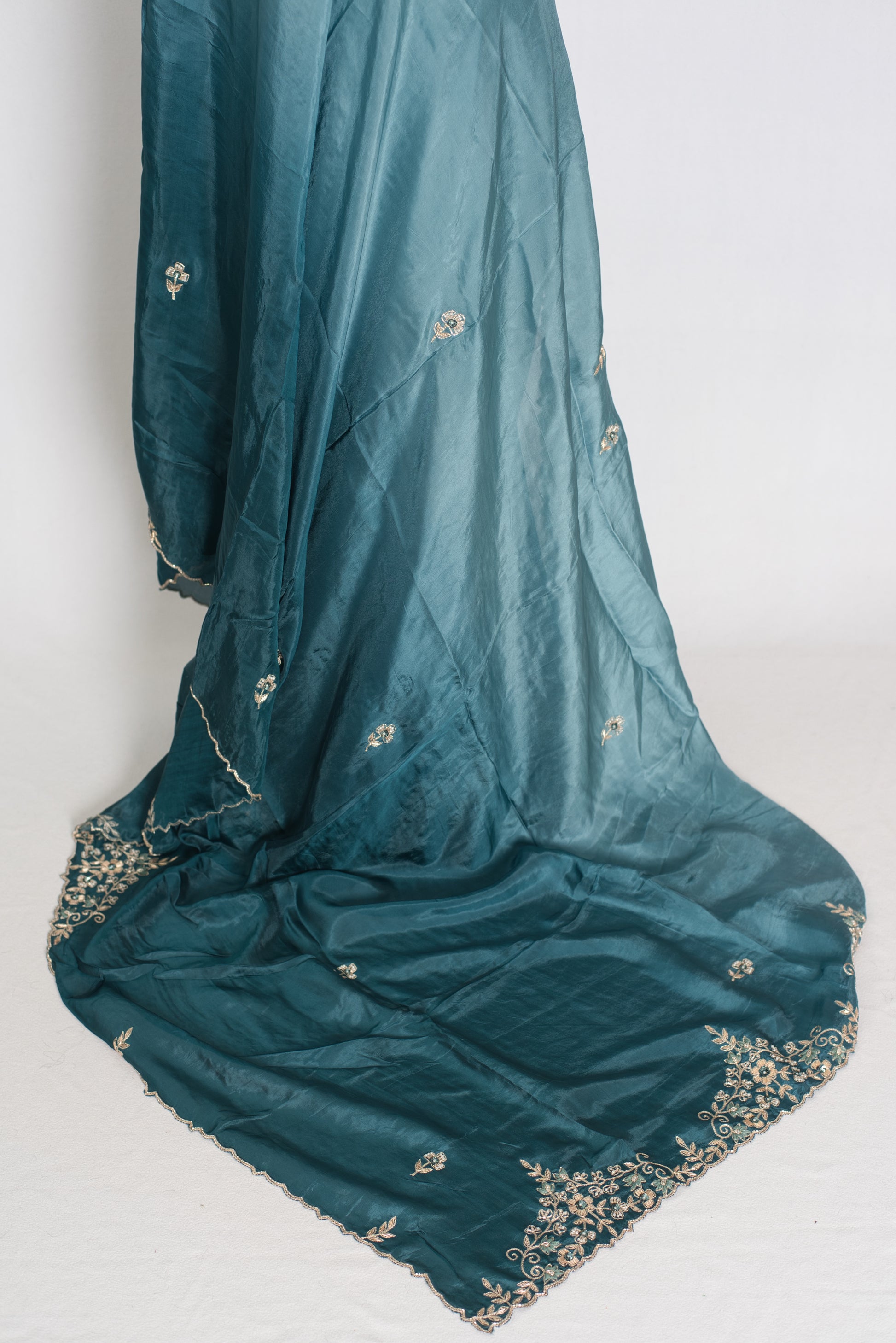 Nadia | Teal Green Shaded Soft Organza Saree | Zardosi Hand Embroidery image 3