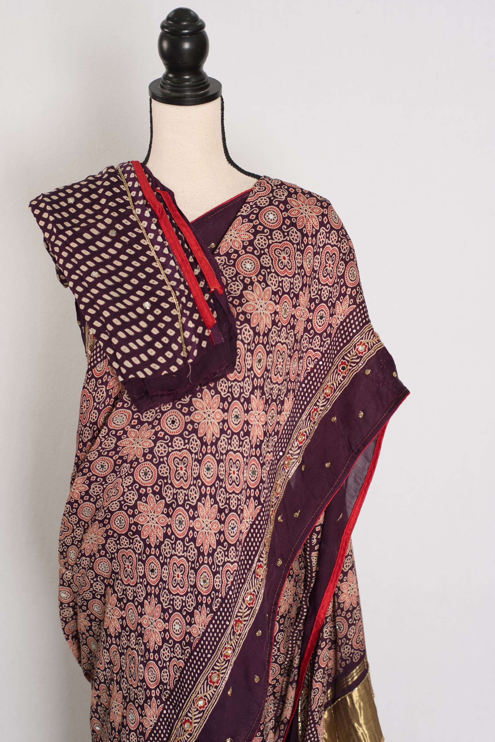 Sarah: Deep Purple Ajrakh Modal Silk Saree | Mirror & Cut Dana Work image 2