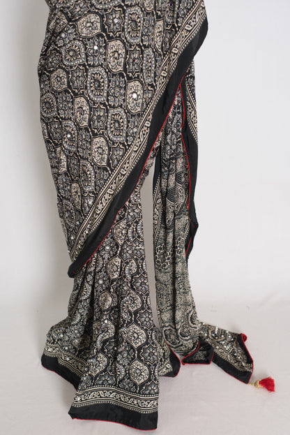 Ishq : Trending Black and Gray Semi Modal Silk Ajrakh Saree image 6