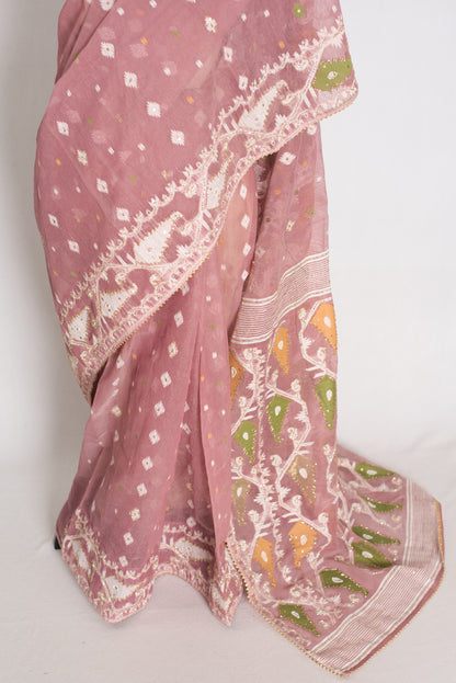Bithi : Unique Pastel Purple and White Blended Cotton Jamdani Saree image 6