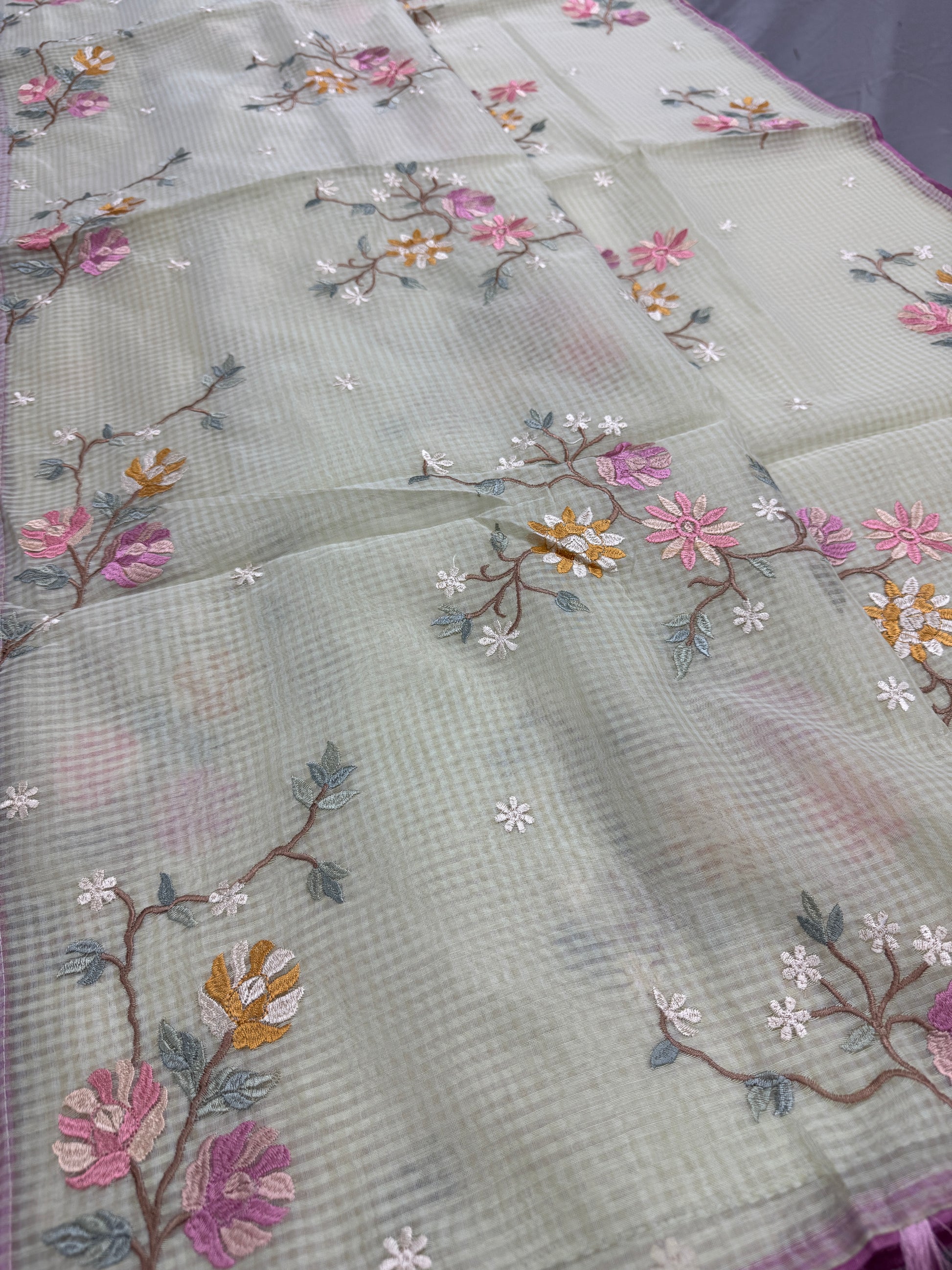 Ragini | Sea Green & Pink Floral Embroidery Blended Cotton Kota Saree image 7