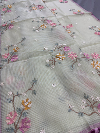 Ragini | Sea Green & Pink Floral Embroidery Blended Cotton Kota Saree image 7