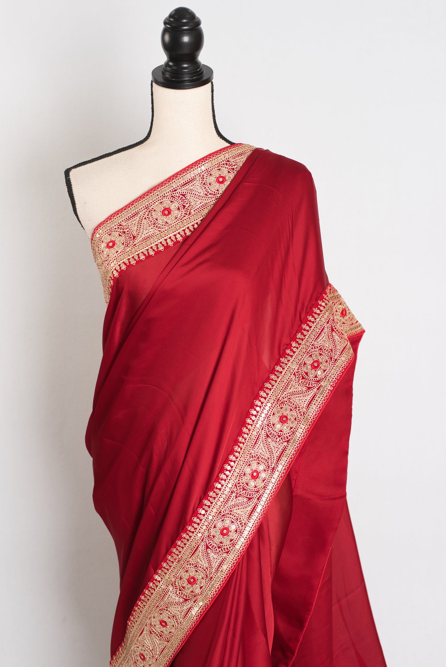 Noor : Dark Red Patch Border Designer Satin Silk Partywear Saree image 5