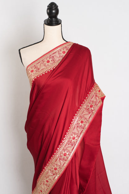 Noor : Dark Red Patch Border Designer Satin Silk Partywear Saree image 5
